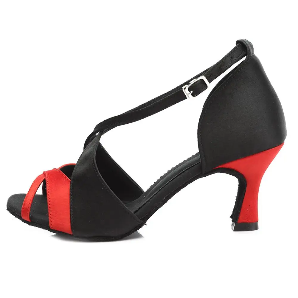 Туфли для латинских танцев на высоком каблуке из ткани, расшитой блестками; туфли на высоком каблуке 7 см/5 см Сальса Танго, латина Обувь для танцев Для женщин TY-B62 - Цвет: Heel 7cm Black-red