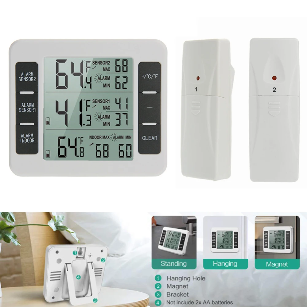 

Refrigerator Thermometer Wireless Digital Freezer Thermometer with 2 Transmitters Indoor Temperature Monitor Wireless Sensors