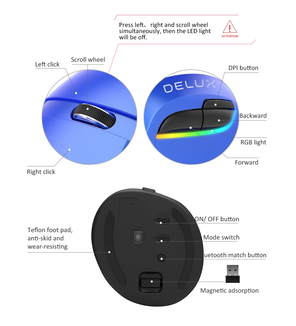 Delux M618 мини беспроводная Вертикальная мышка эргономичная мышь 4,0 Bluetooth 2,4 ГГц 4 передач dpi RGB перезаряжаемая Бесшумная щелчка мыши для