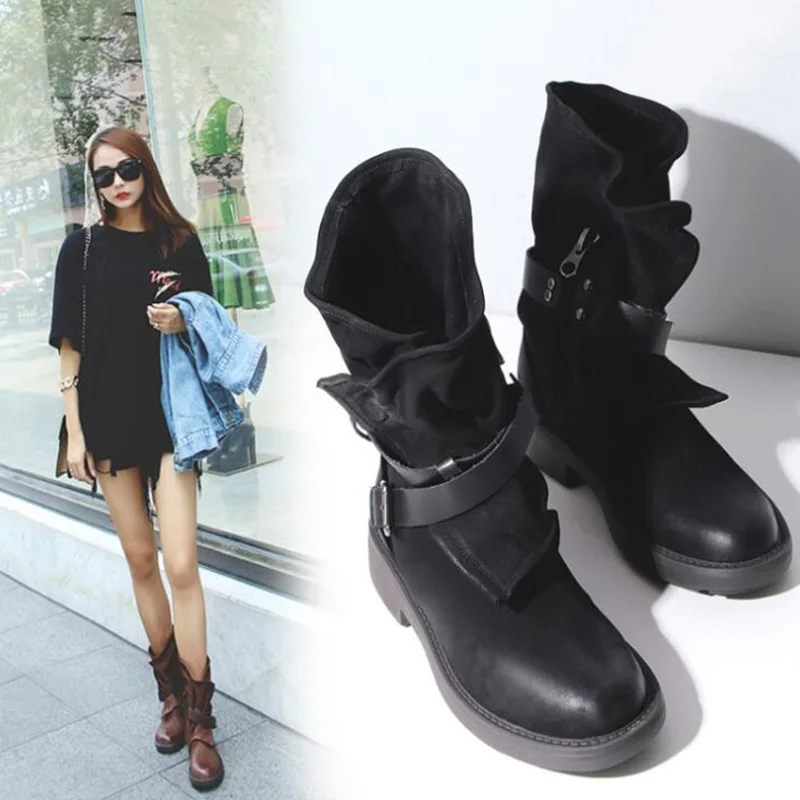 

Women Fashion Vintage Mid Calf Boots Soft Leather Shoes Female Autumn Winter Motorcycle Boots Comfortable H-353
