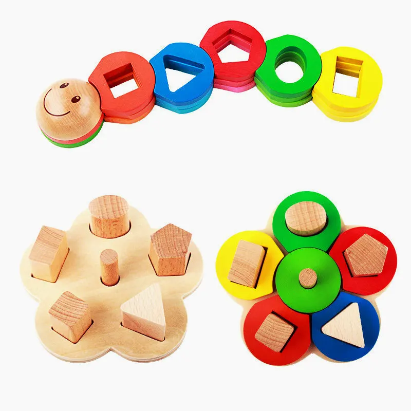 

Free shipping Children's early education flower shape column caterpillar colour wooden block Kids educational initiation toy