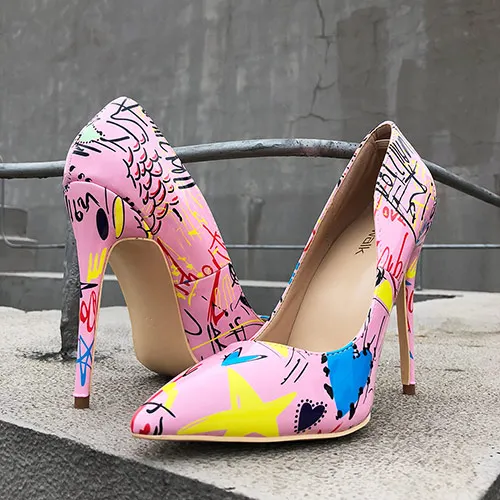 Veowalk/пикантные женские туфли на высоком каблуке-шпильке с художественным принтом граффити; розовые женские вечерние туфли-лодочки с острым носком; цвет на заказ - Цвет: Pink 10cm Heels