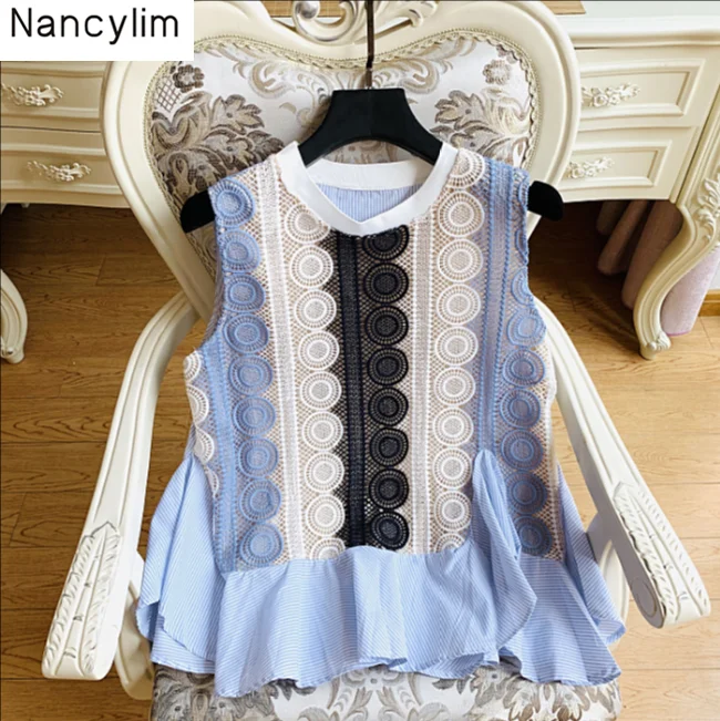 

New Fashion Hollowed-out Lace Shirt Women Irregular Ruffles Spliced Stripe Shirts Ladies Female Summer Tops Blusas Nancylim