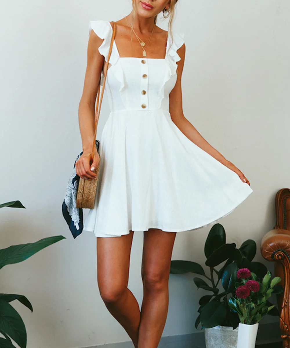 Summer Women Dress Strapless Sexy Bohemian Sundress Solid White Sweet Mini Ruffles Backless Casual Party Dress Women