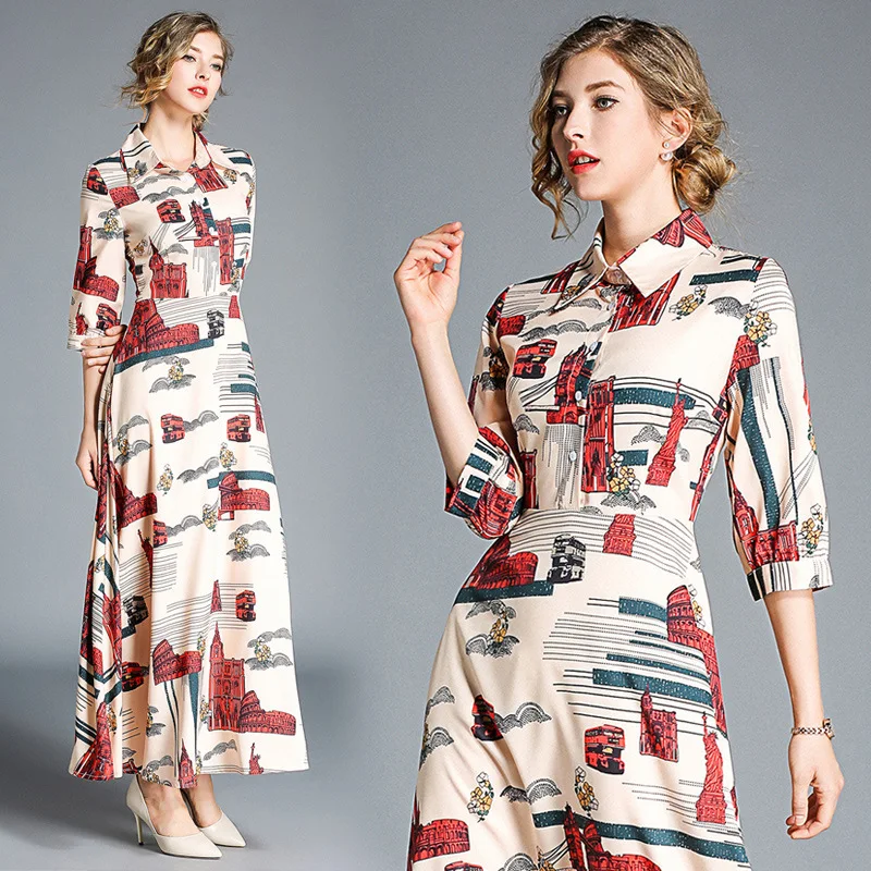 Czgee 2018 High Quality Autumn Dress Designer Women Three Quarter Sleeve Printing Turn Down Collar Slim Vintage Dress Vestido Dresses