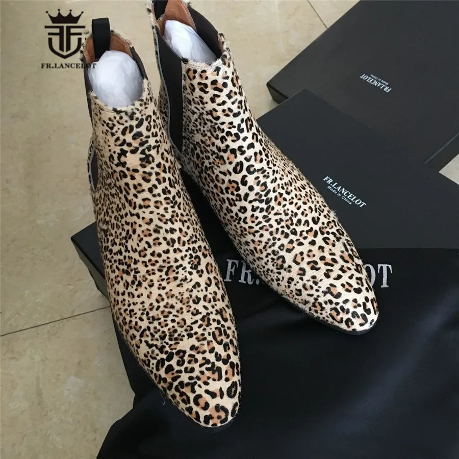 Высококачественные персонализированные мужские ботинки ручной работы без застежки с леопардовым мехом из натуральной кожи с острым носком ботинки «Челси» из джинсовой ткани на танкетке высокого качества