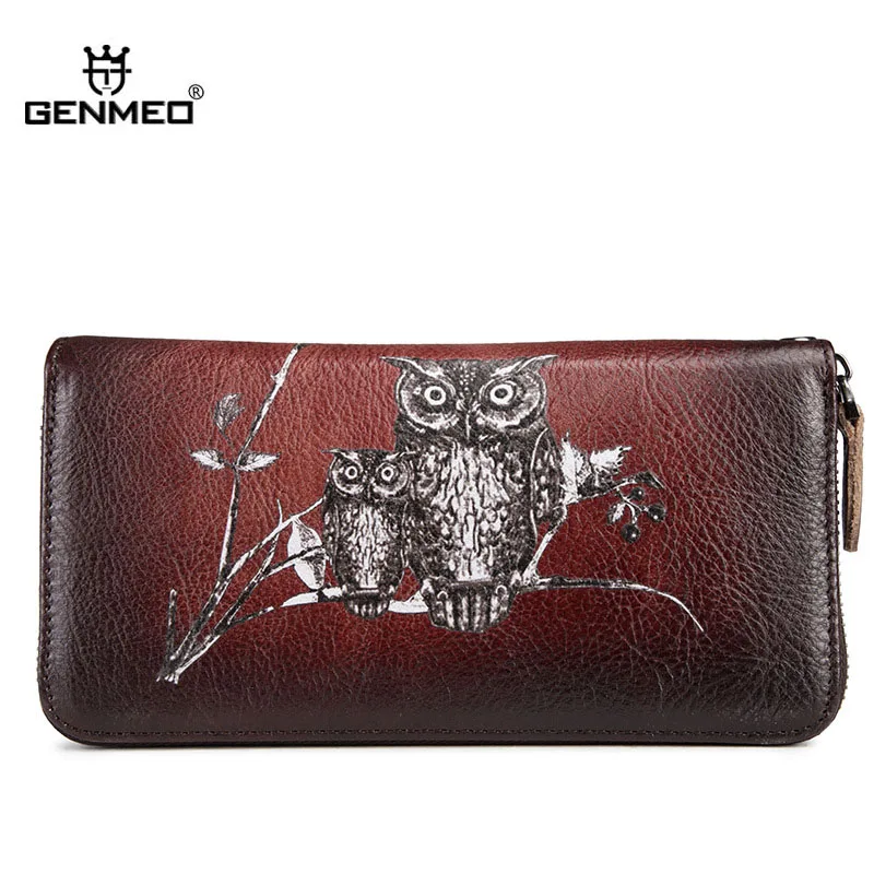 

GENMEO New Genuine Leather 3D Owl Pattern Wallet Women Cowhide Clutch Bag Vintage Red Female Coin Purse Bolsa Feminina
