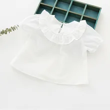 Летняя однотонная блузка с короткими рукавами и рюшами для девочек детская одежда повседневная одежда из чистого хлопка для маленьких девочек От 6 месяцев до 5 лет