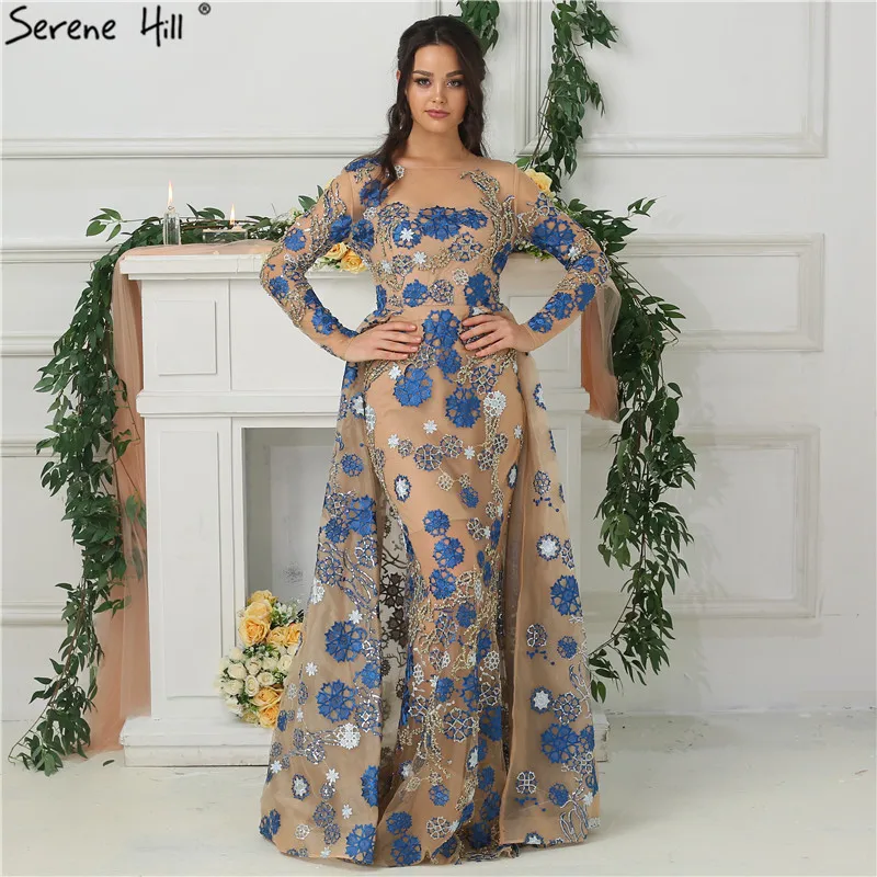 

2019 Sexy Sheer Neckline Long Sleeve Mermaid Evening Dresses with Flowers Appliques Formal Dress Party Robe De Soiree BLA6684