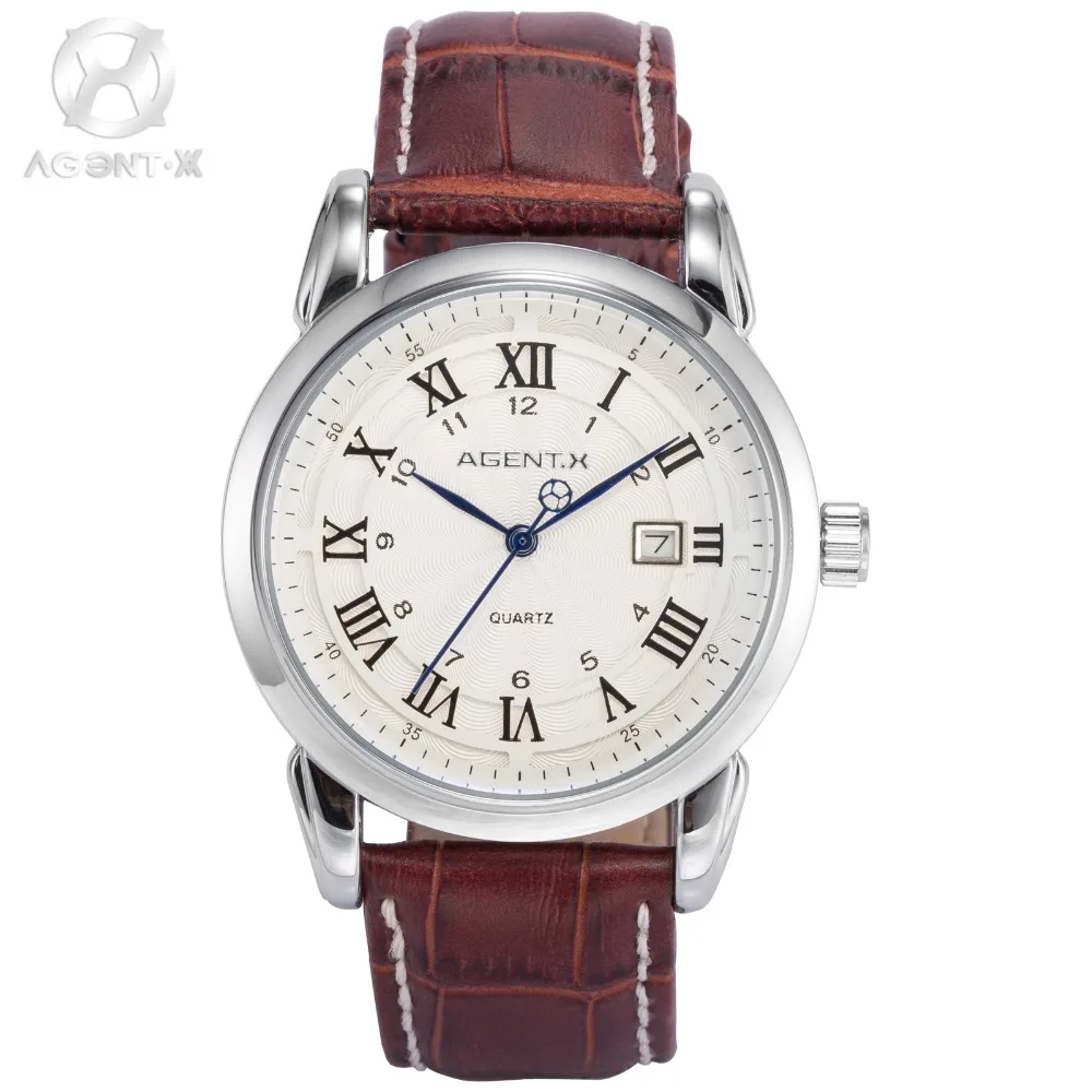 

AGENTX New Casual Vintage Silver Case Clock White Dial Brown Leather Strap Date Display Men Quartz Business Wrist Watch / AGX133