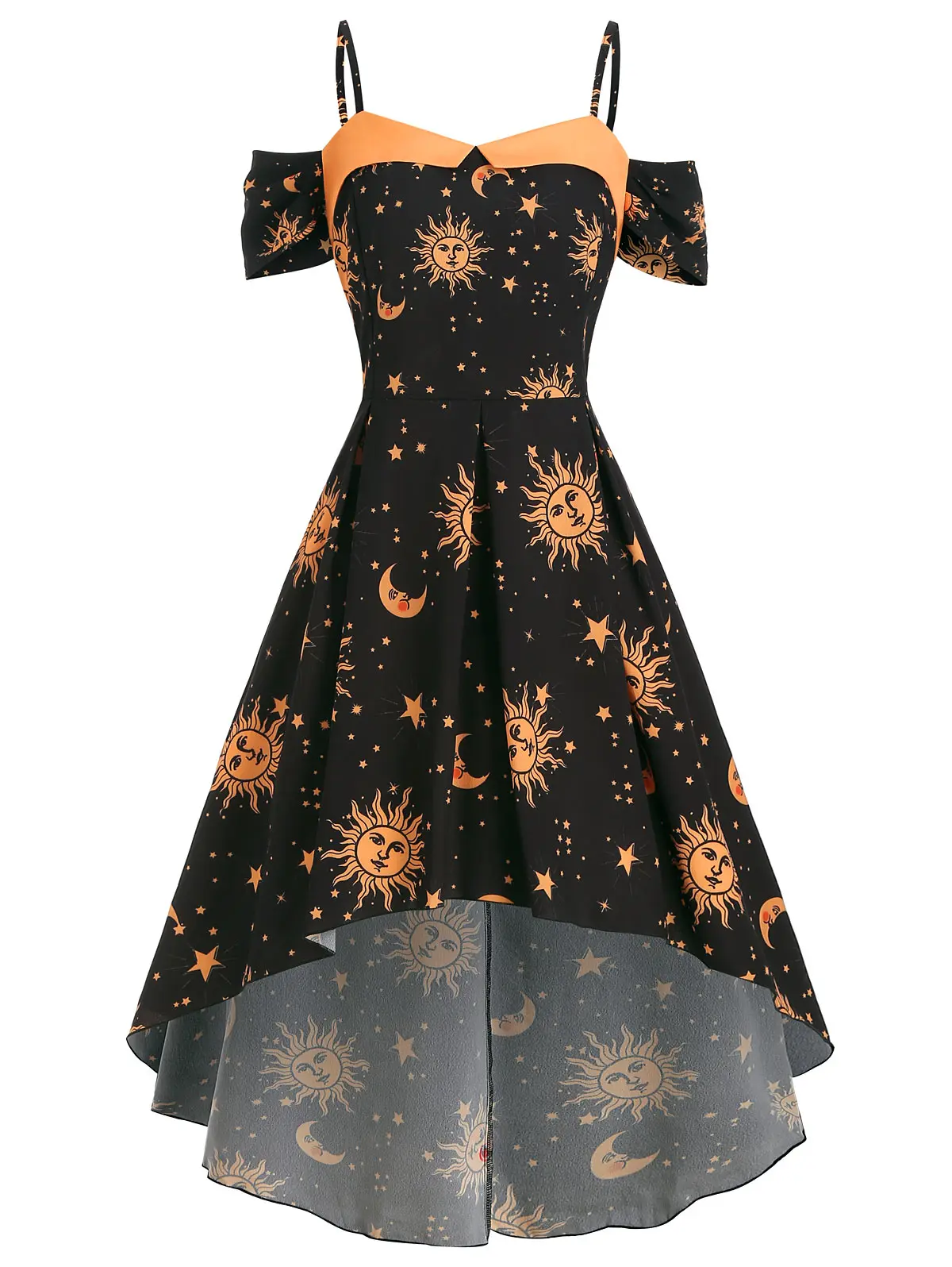 

Plus Size Summer Strap Dress Star Sun Moon Print Sexy Open Shoulder Maxi Dress Women Vacation High Low Evening Party Dresses