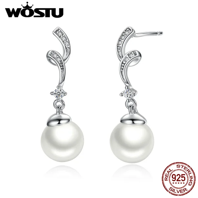 Wostu Brand Luxury 100 925 Sterling Silver Pearl Drop Earrings For Wostu Brand Luxury 100 925 Sterling Silver Pearl Drop Earrings For Women Fine Jewelry Original