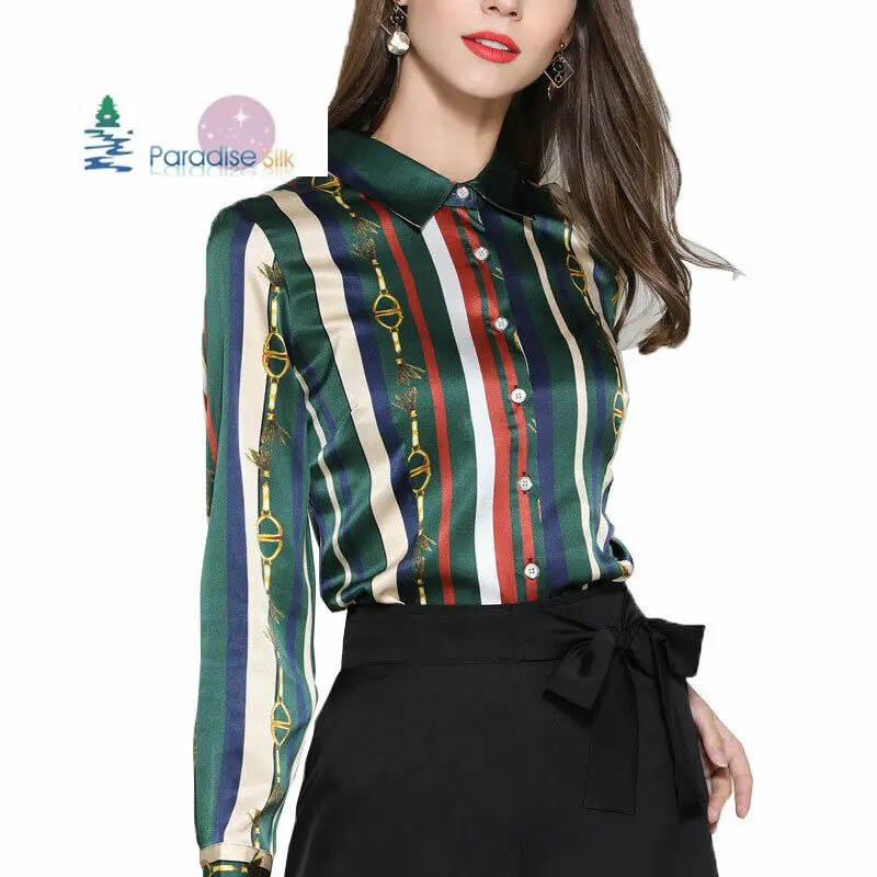 Женская блузка, натуральный шелк, стрейч, сатин, цветочный принт, длинный рукав, женские рубашки с размером L XL XXL XXXL
