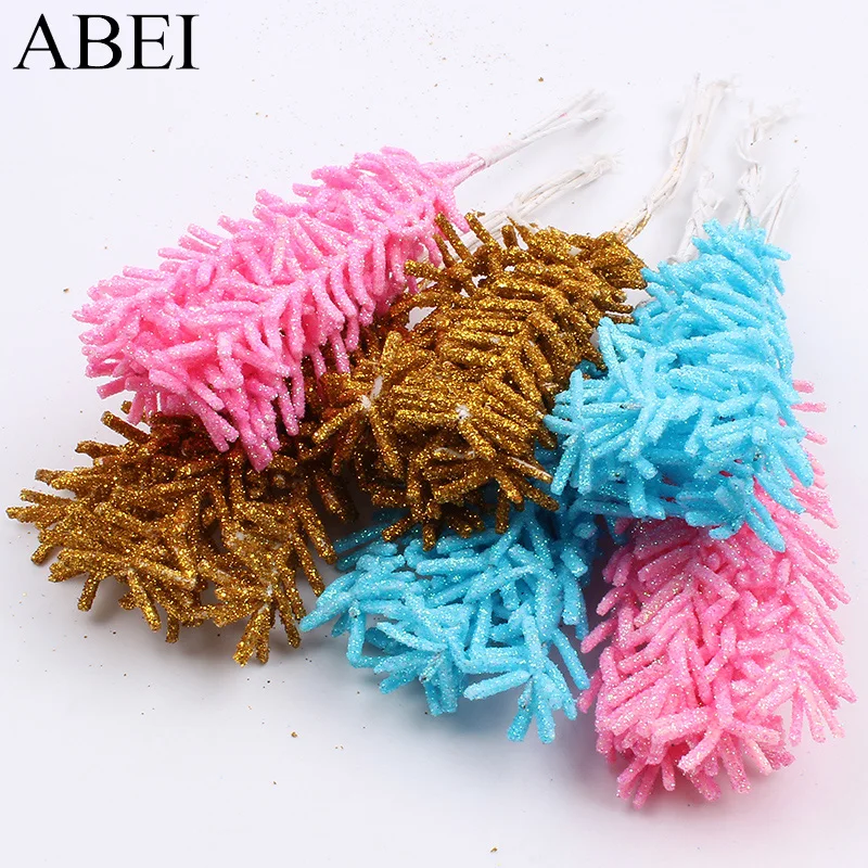 

24pcs/lot Glitter Gold Pink Blue Artificial cedar Flower Bouquet For Wedding Christmas Decoration Handmade Material Fake Flowers