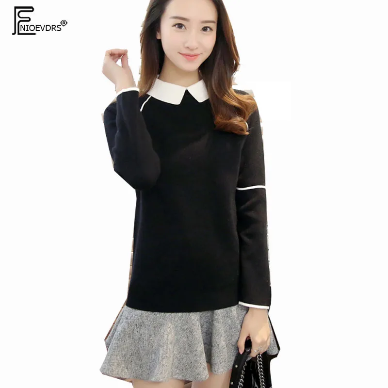 Winter Basic Pullovers Sweaters Hot Preppy Style Patchwork White Collar Tops Cute Warm Knit Sweater Black Gray Pink Yellow 1162 | Женская
