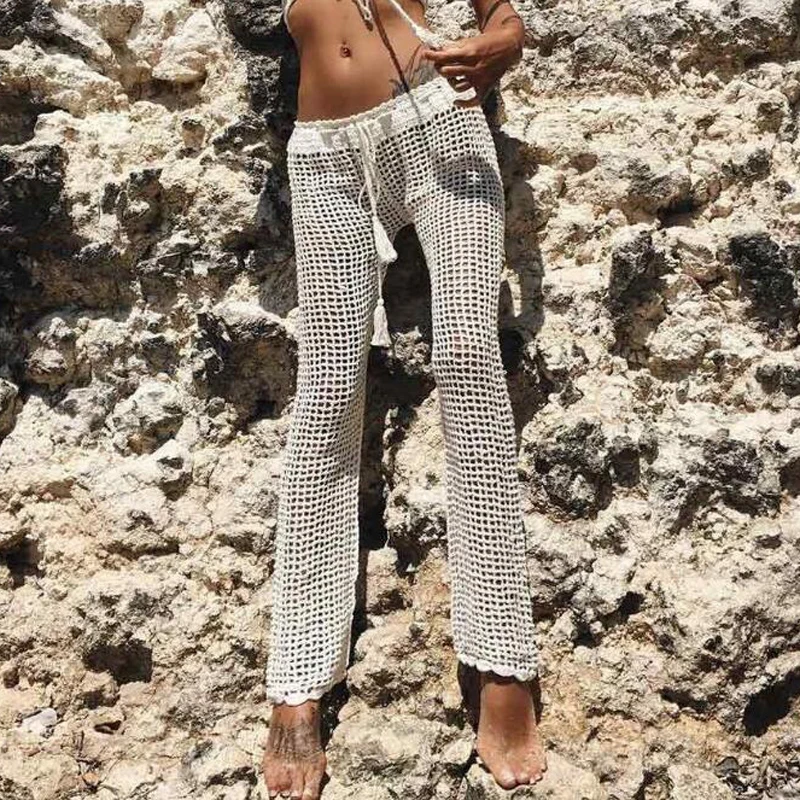 sheer bathing suit cover up Sexy Women Summer Beach Cover Up Fishnet Pants Bathing Suit Solid Color Knitting Hollow Out Pants Casual Clubwear Beach Pants crochet bikini cover up