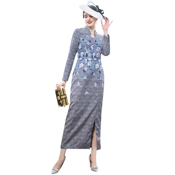 

DF Quality Autumn Luxury Split Evening Long Dress Printed Plaid Pencil Plus Size Long Sleeves Night Maxi Dresses 9031