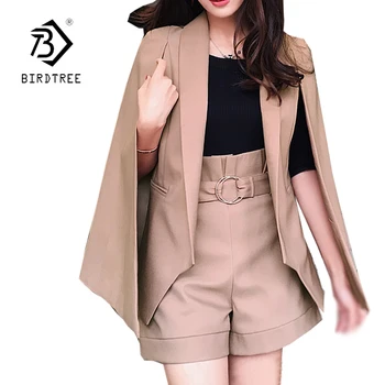 

Women's Casual 2 piece Set Notched Collar Cloak Blazer High Waist Short Pant Fashion Office Cape Blaser Femm Hot Sale S84308F