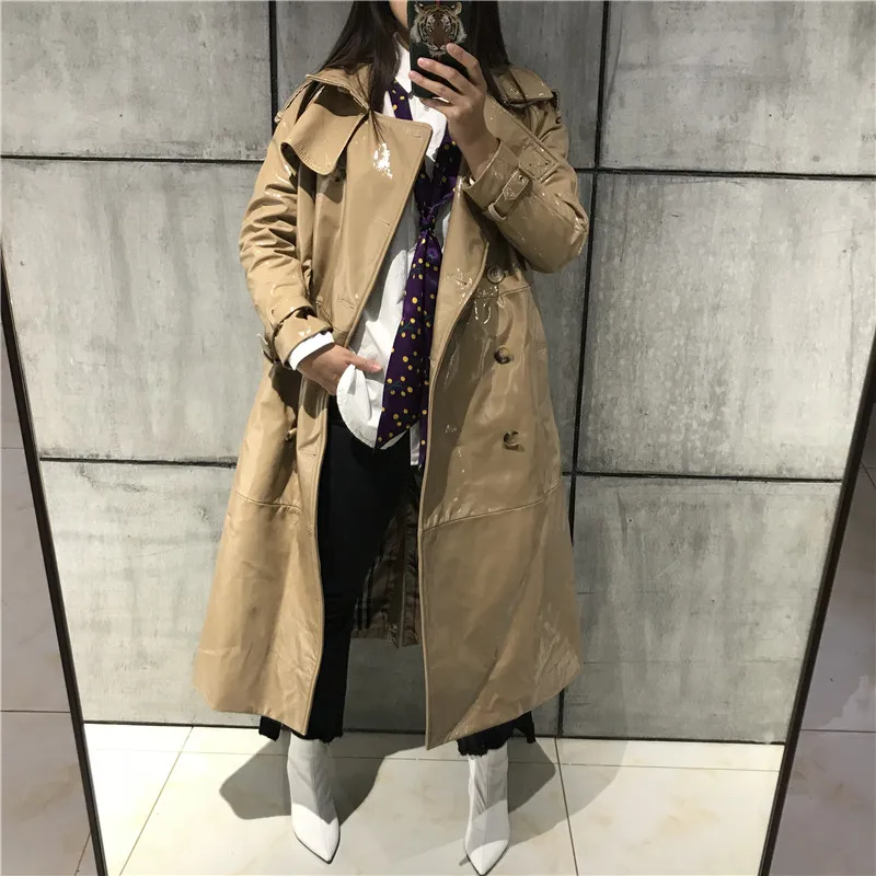 

women real leather coat long ladies leather windbreak X-long