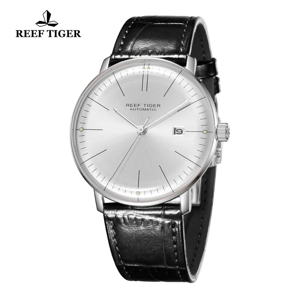 Reef Tiger/RT люксовый бренд ультра тонкие часы для мужчин кожаный ремешок сталь Автоматические часы водонепроницаемые RGA8215