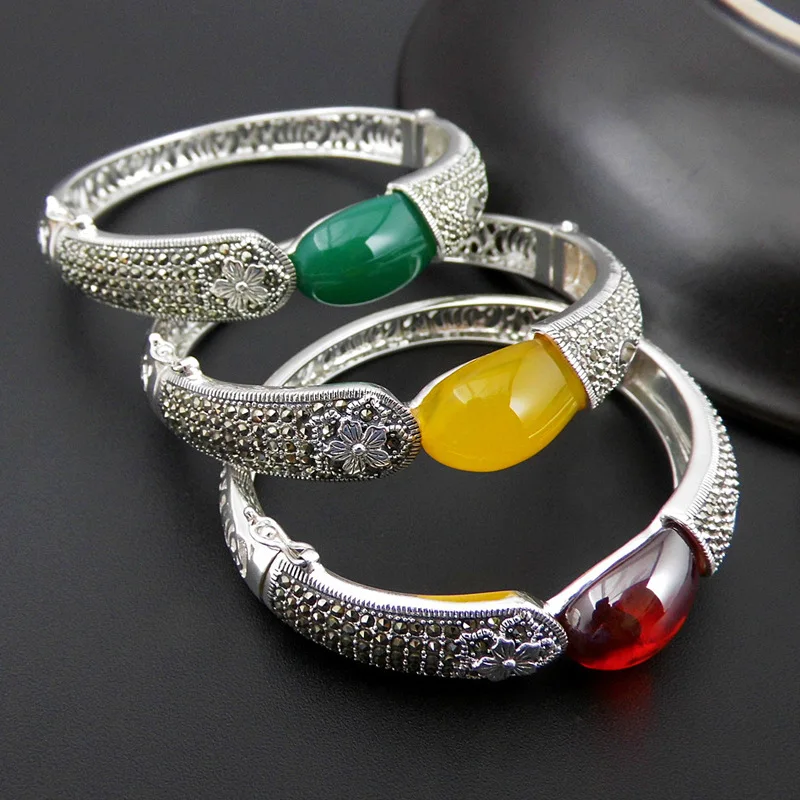 

S925 Sterling Silver Retro Thai Silver Garnet Green Agate Yellow Agate Open Ended Ladies Retro Bangle New