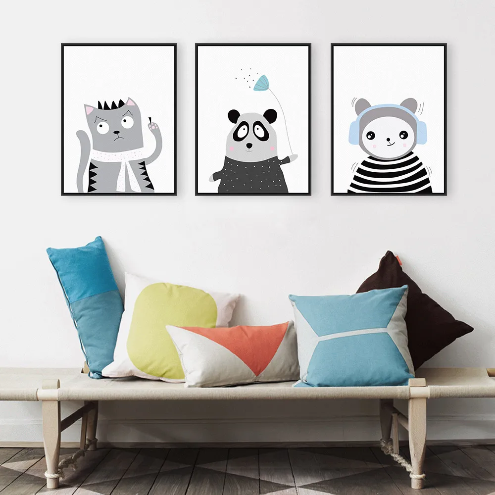 Satin Al Triptych Isik Renk Kawaii Hayvanlar Panda Kedi Sanat