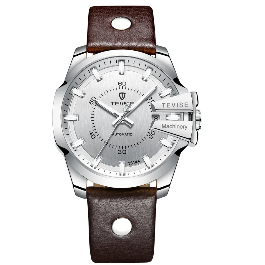 Бренд TEVISE, мужские механические часы, светящиеся автоматические часы, мужские роскошные деловые наручные часы, водонепроницаемые часы, Relogio Masculino - Цвет: Silver BR-Leather