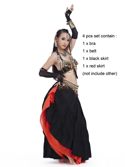 Профессиональный Племенной костюм для танца живота набор бюстгальтера и пояса для женщин Цыганская юбка профессиональное представление индийских дам платье - Цвет: gold adn black 4pcs