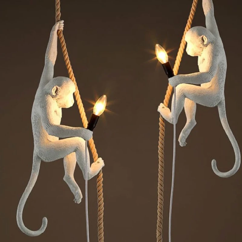 

Creative Monkey Led Chandelier Forest Animal Lighting Restaurant Hanging Light Fixtures Design Loft Deco Hemp rope Pendant Lamp