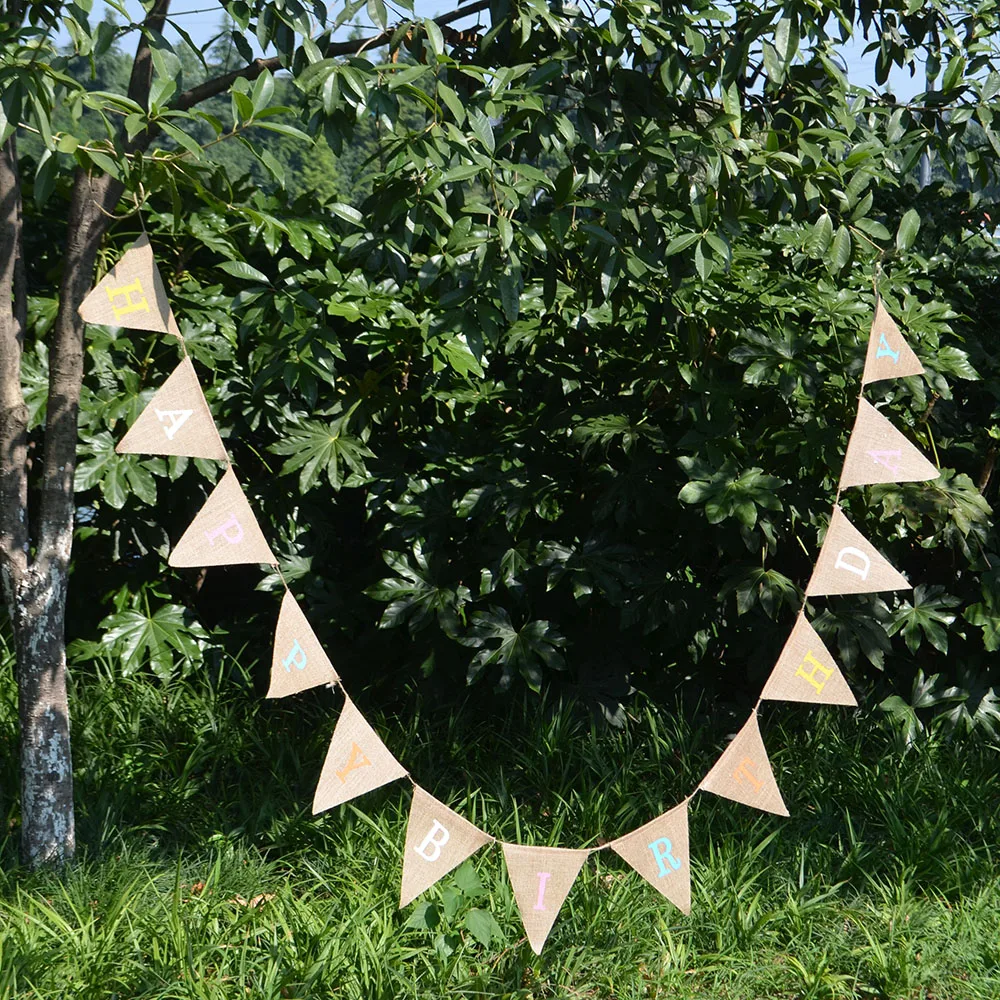 3M Hanging Linen Jute Rope Colorful Happy Birthday Flax Burlap Banners ...