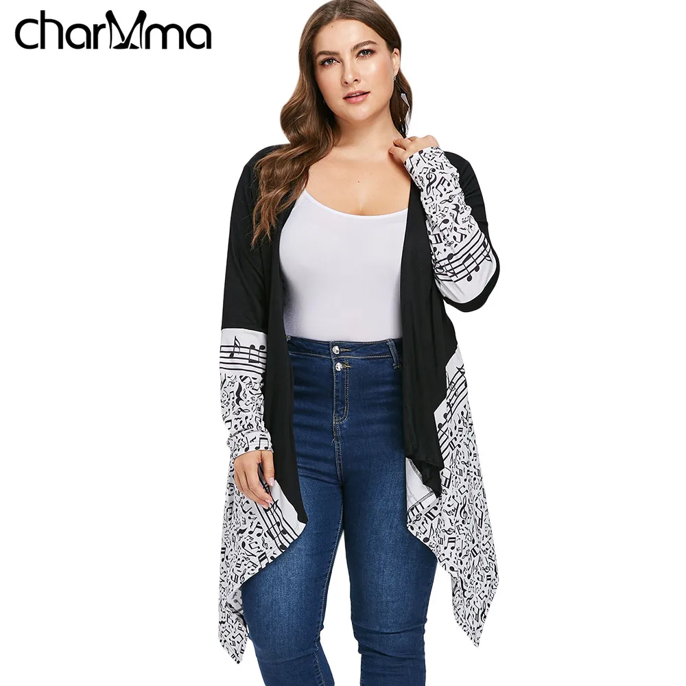 

Fashion Warm Autumn Plus Size Musical Notes Draped Coat Women Printed Cardigan Coat Casual Loose Long Jacket Outwear Coats