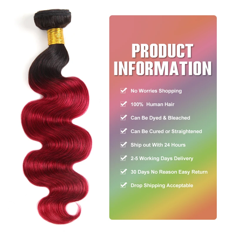 4PCS Lot Ombre Brazilian Hair Bundles Two Tone T1B/Burgundy Body Wave Hair Bundles 100% Human Hair Non Remy Lolly Hair Weave