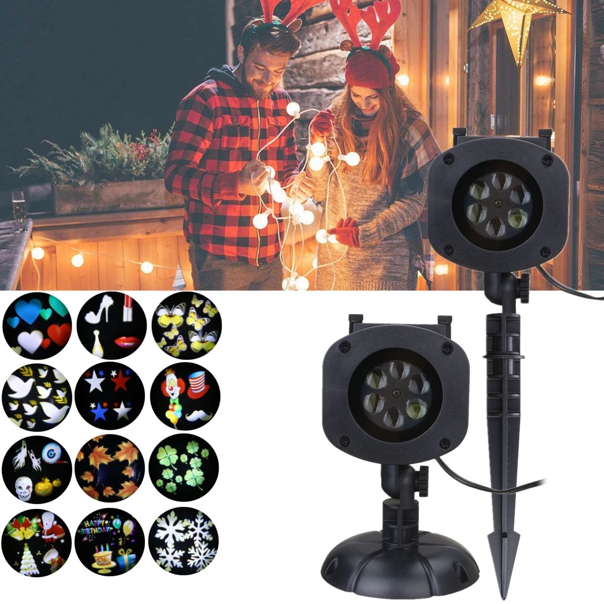 

Christmas Projection Light+12 Pattern Cards+Remote Control 6 Color LED Lights Waterproof EU/US/UK/AU Plug Flash Stage Lighting