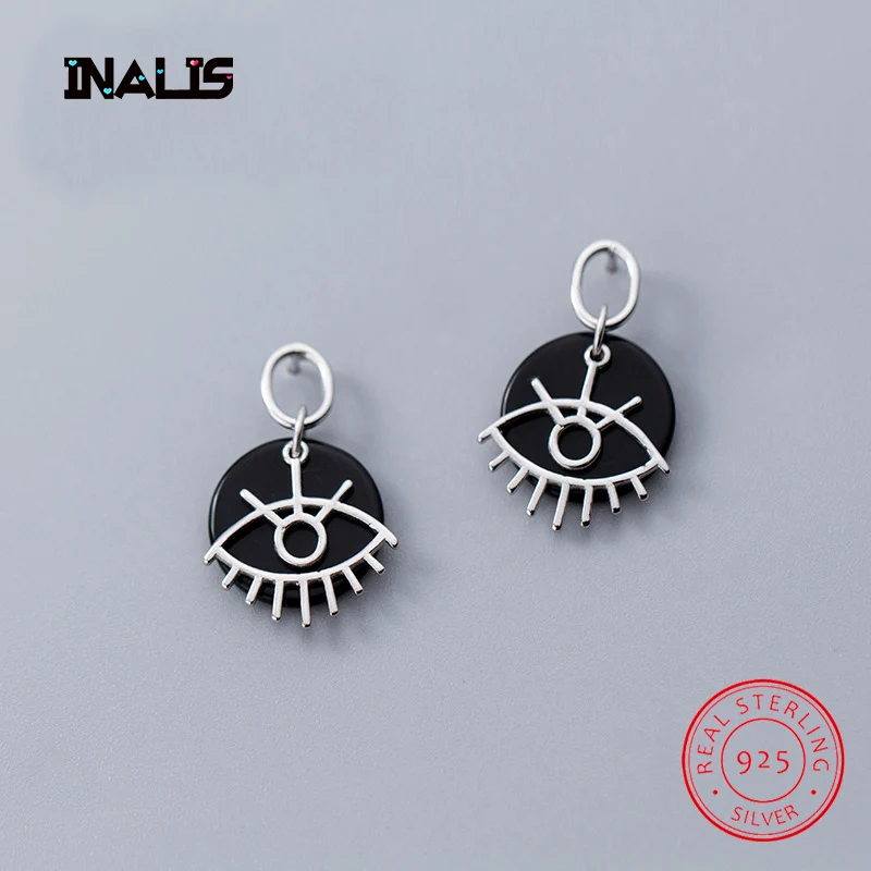 

INALIS New Cute Unique Design 925 Sterling Silver Drop Earrings Black Round Inlay Eye Dangle Brincos for Women Girl Bar Jewelry