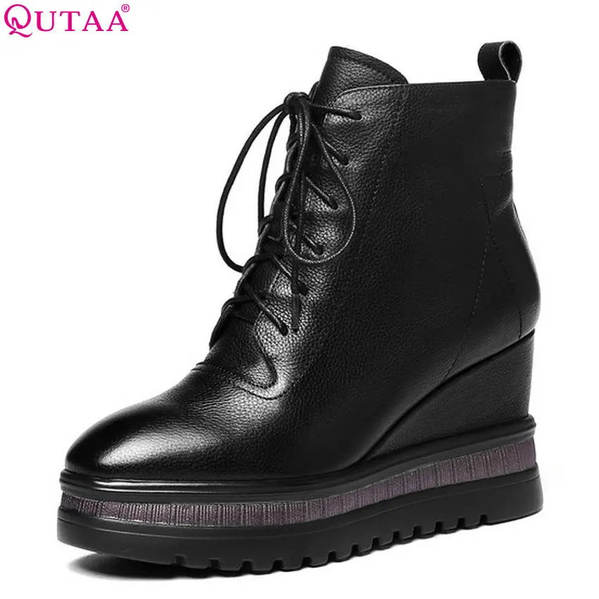 

QUTAA 2019 Women Ankle Boots Platform All Match Zipper Elegant Square Toe Cow Leather+pu Wedges Heel Women Boots Big Size 34-42