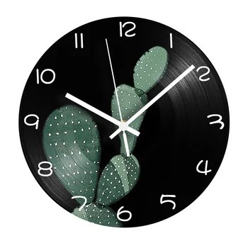 

Green Cactus Digital Wall Clock Modern Design Decorative Vinyl Record CD Clock Silent Mechanism Home Decor Plant Wall Watch