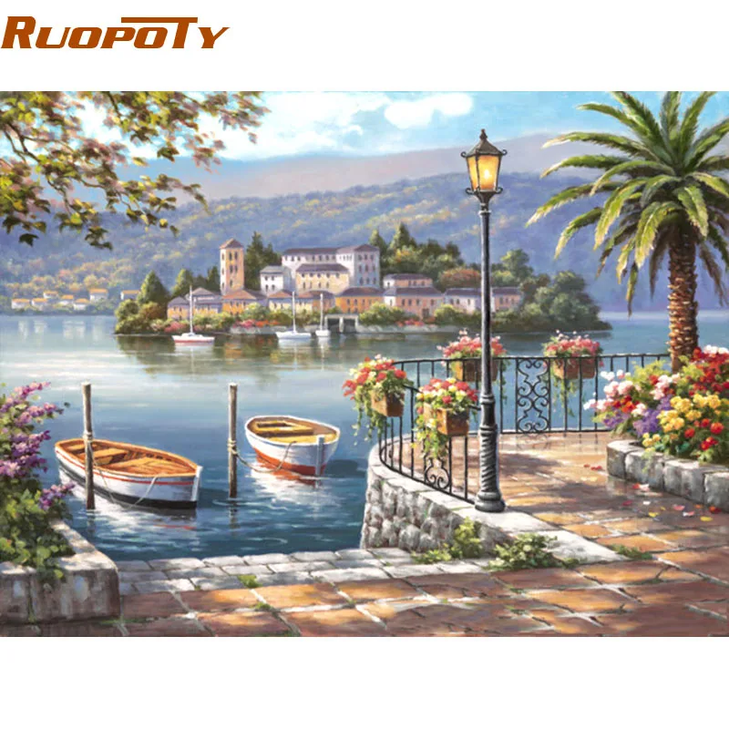 RUOPOTY Frame Lake Boat Landscape DIY Painting By Numbers Kits Drawing Acrylic Picture Modern Wall Art Home Decor 40x50cm Arts