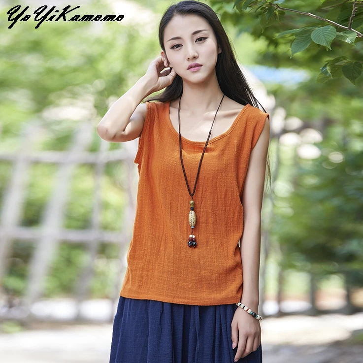 

YoYiKamomo Cotton Linen Shirt Women 2018 Summer Breathable Sleeveless Vest Solid Color Loose Casual Women Blouses