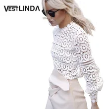 VESTLINDA Sexy White Floral Lace Hollow Out Crochet Top 2017 Vintage Women Blouse Shirt Long Sleeve Casual Elegant Blusas Femme