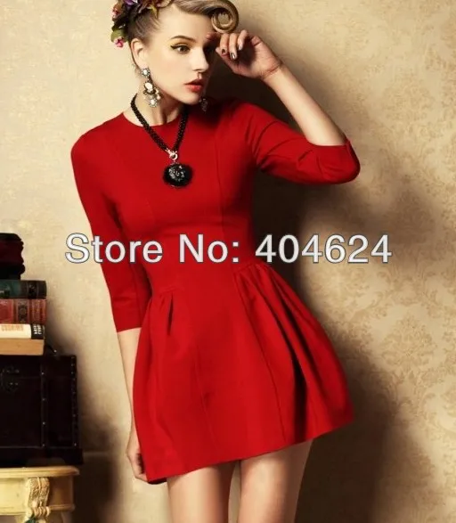 

2014 Hot New Fashion Fancy European&American Style Back Zipper Empire Three Quarter Solid Mini Celebrity Swing Girl Dress