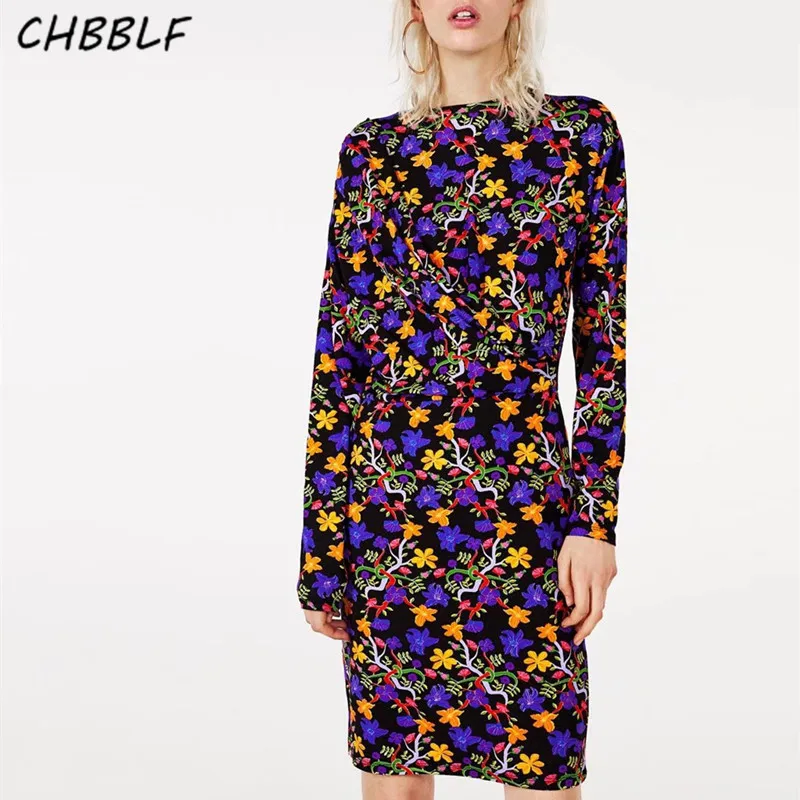 women vintage floral dress elastic waist long sleeve O neck female