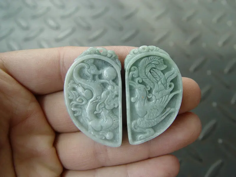 

Pair Unique Natural Grade A Jade Jadeite Pendant Chinese Dragon Phoenix