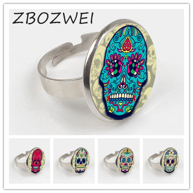 

ZBOZWEI 2018 New Gras Sugar Skull Ring Gothic Skull Jewelry Colorful Skull Ring Floral Glass Ring Men's charm accessories