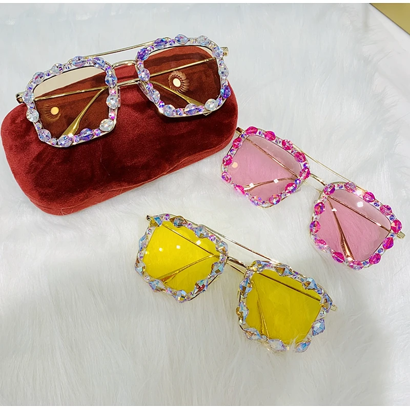 Роскошные квадратные солнцезащитные очки для женщин Ретро брендовая дизайнерская металлическая рамка красочные хрустальные негабаритные Солнцезащитные очки женские оттенки Oculos
