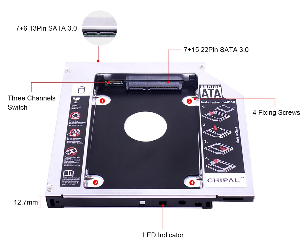 CHIPAL Универсальный 2nd HDD Caddy 12,7 мм SATA 3,0 для 2," 2 ТБ SSD чехол Корпус для жесткого диска со Светодиодный индикатор для ноутбука DVD-ROM