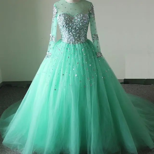 Sheer Full Sleeve Turquoise Ball Gown Wedding Dresses 2017 Sheer Full Sleeve Turquoise Ball Gown Wedding Dresses 2017 Sweetheart Crystals Beaded Tulle Puffy Bridal Gowns Real Samples In From Weddings