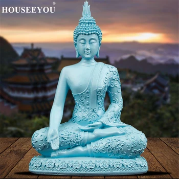 

Blue Resin Buddha Statues Thailand Buddhism Sculptures Hindu Buddha Figurines Miniatures Fengshui Vintage Home Decor Gifts