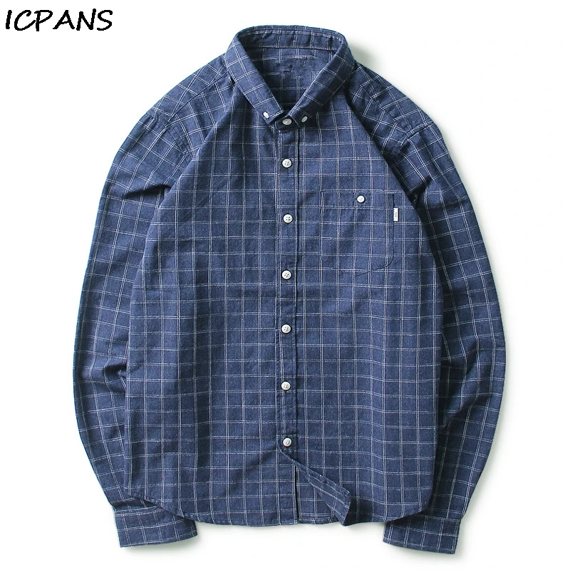 

ICPANS 100% Cotton Casual Shirts Long Sleeve Regular Vintage Plaid Shirt for Men Clothing 2019 Spring Blue Big Size XXXL