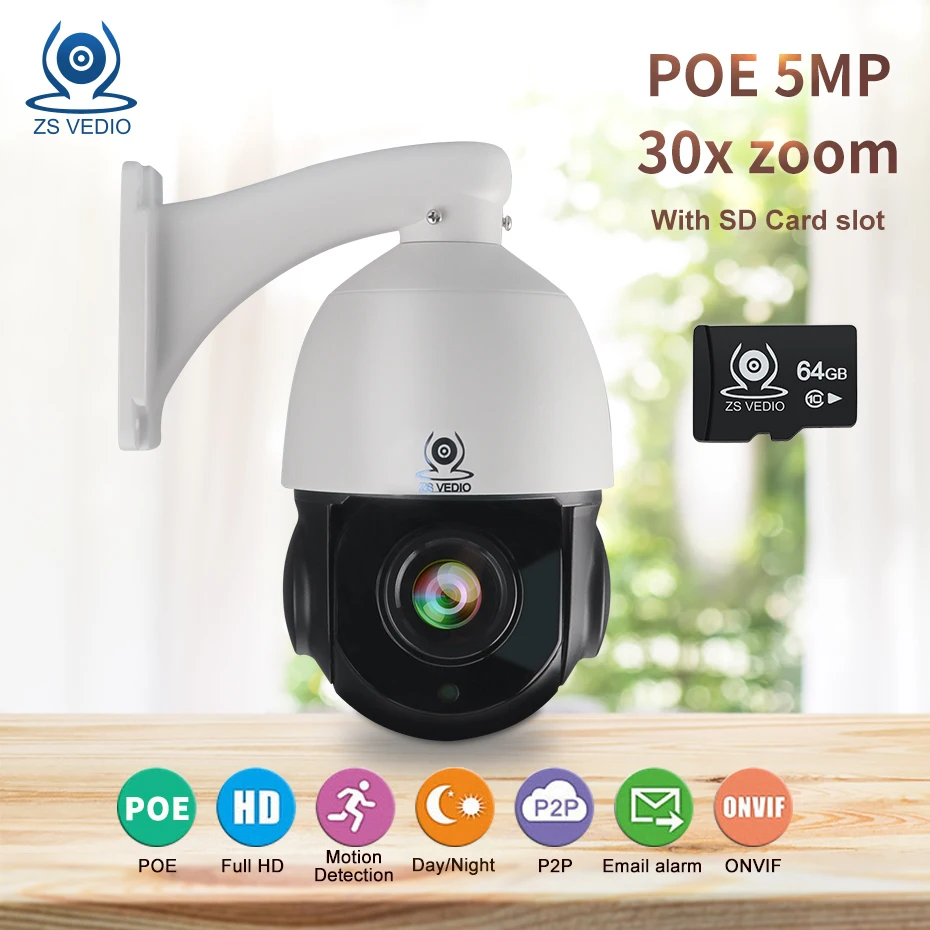 

ZSVIDEO Hisee CCTV Security Camera POE 5MP Outdoor PTZ Speed Dome Surveillance IP Camera 30X Optical Zoom SD Card Slot Camera