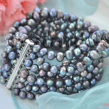 P5367 8row " 7 мм павлин черный круглый пресноводные культивированный жемчуг браслет MagnetNoble стиль естественно прекрасно jewe быстрая
